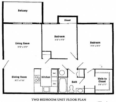 Floor plan for 2 beds, 1 bath, 808 sqft